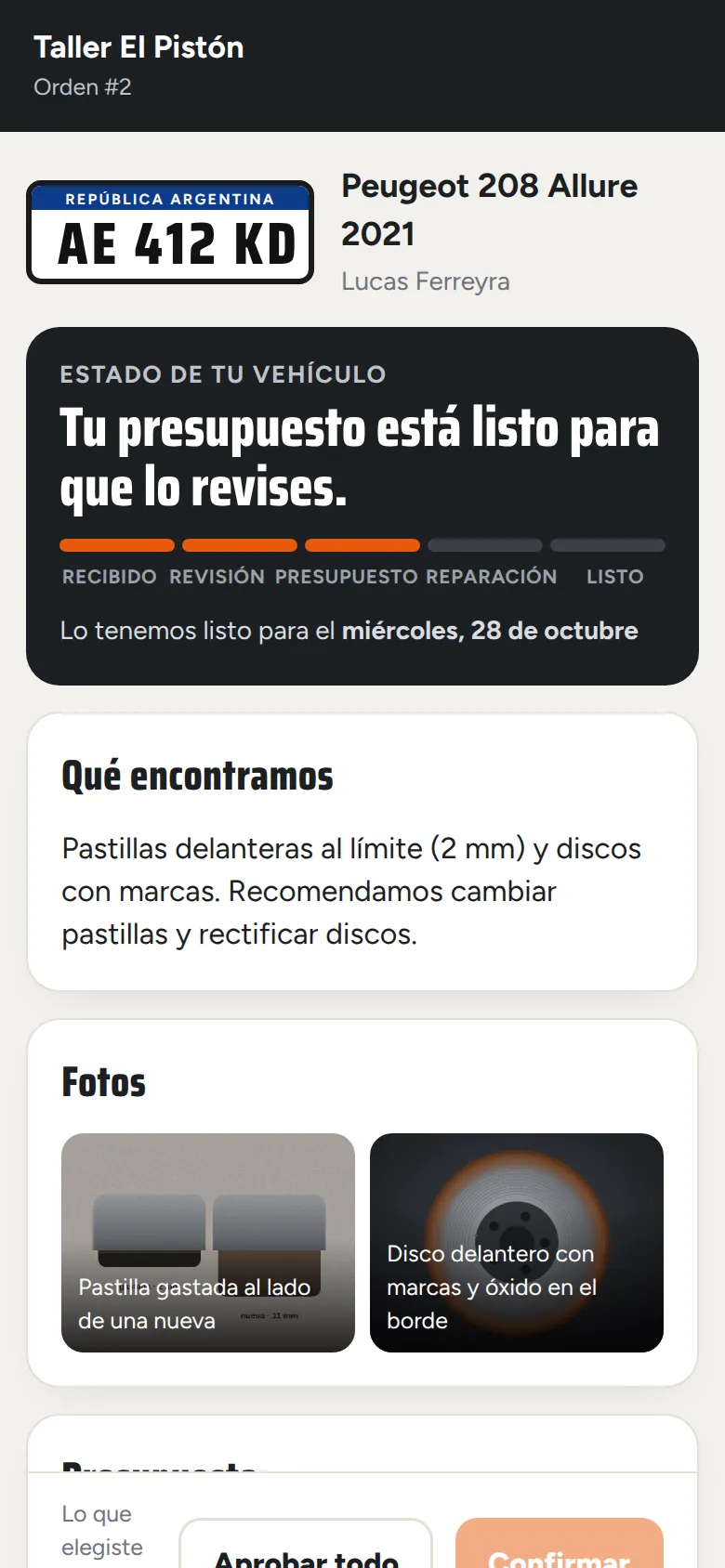 Estado del vehículo en el celular del cliente