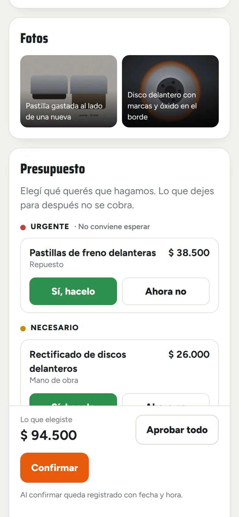 Fotos del diagnóstico en el celular del cliente